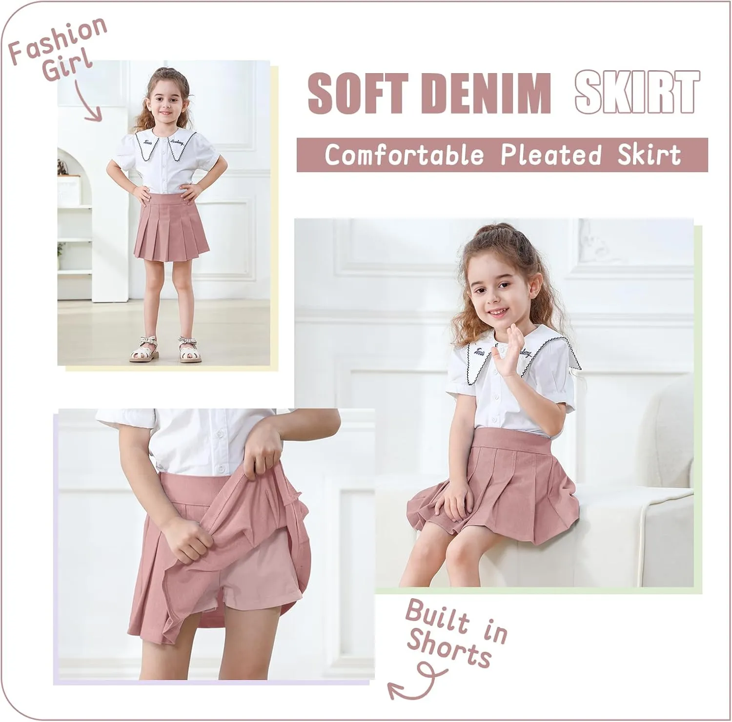 Neutocd Toddler Girls Skirts Skorts Denim Elastic Waistband Flared Pleated Skirts for Girls Kids Casual Stretchy Skater Skirt