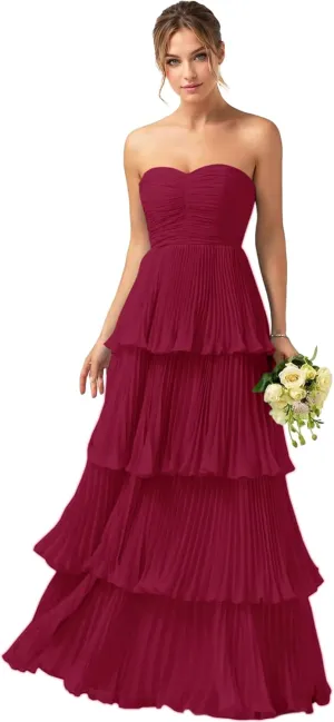 Nicktane Strapless Prom Dresses Tiered Bridesmaid Dresses Ruffle Long Formal Evening Gowns