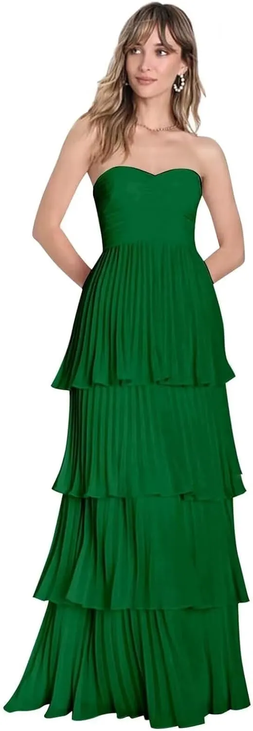 Nicktane Strapless Prom Dresses Tiered Bridesmaid Dresses Ruffle Long Formal Evening Gowns