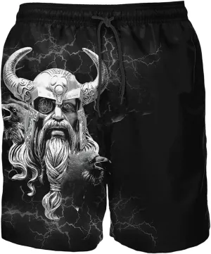 Norse Mythology Men's Shorts with Pockets, 3D Print Viking Tattoo Pants, Beach Vacation Quick Dry Gym Sport Shorts