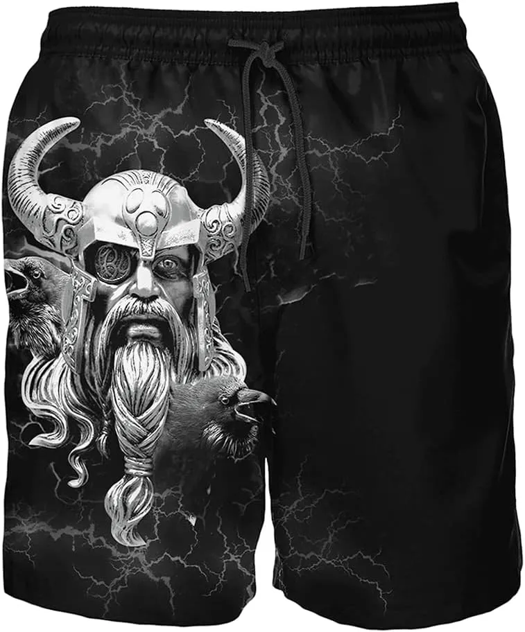 Norse Mythology Men's Shorts with Pockets, 3D Print Viking Tattoo Pants, Beach Vacation Quick Dry Gym Sport Shorts