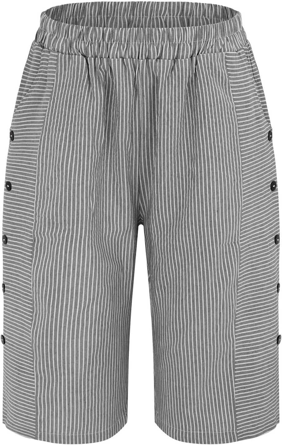 NREALY Striped Linen Pants for Women Wide Straight Leg Side Button Pants Womens 2024 Baggy Elastic Waist Pants