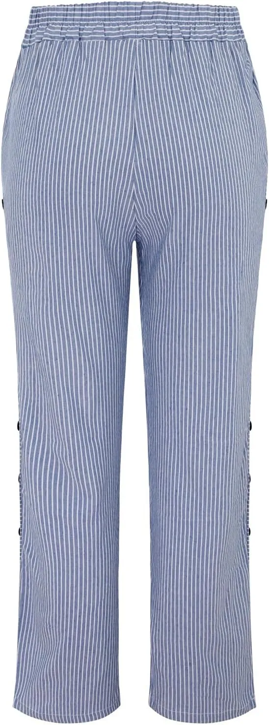 NREALY Striped Linen Pants for Women Wide Straight Leg Side Button Pants Womens 2024 Baggy Elastic Waist Pants