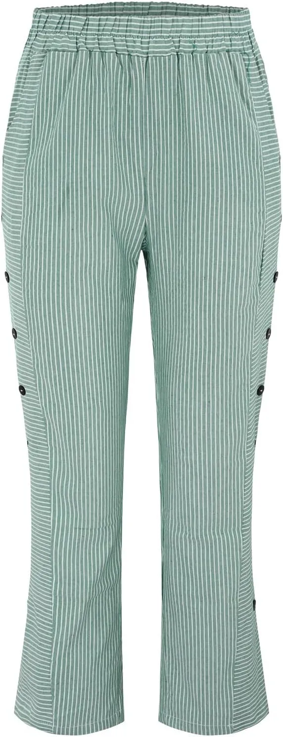 NREALY Striped Linen Pants for Women Wide Straight Leg Side Button Pants Womens 2024 Baggy Elastic Waist Pants