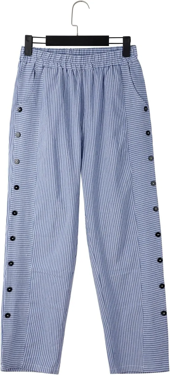 NREALY Striped Linen Pants for Women Wide Straight Leg Side Button Pants Womens 2024 Baggy Elastic Waist Pants