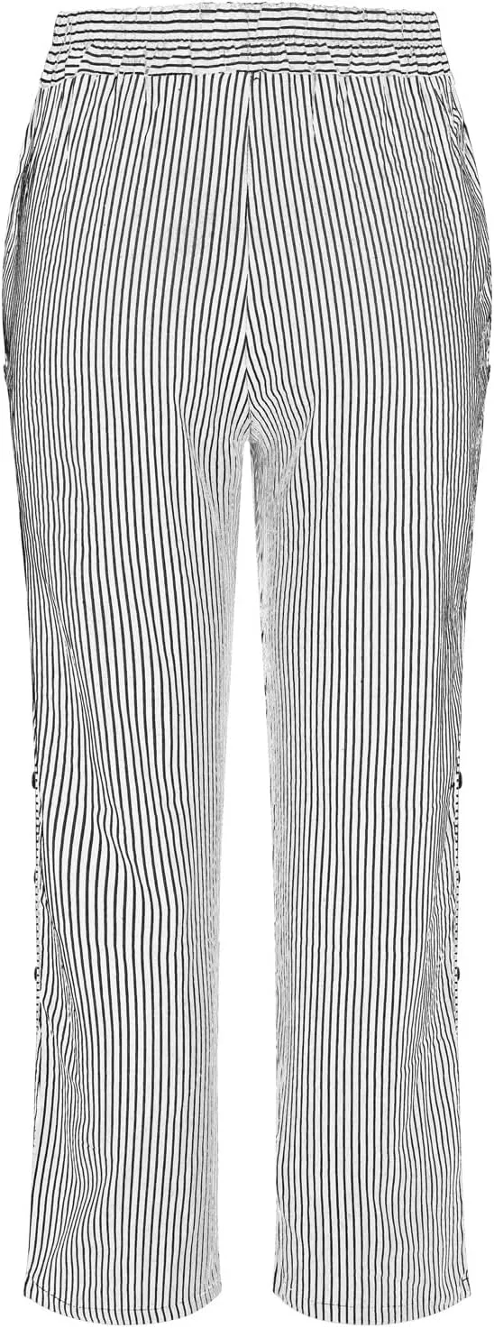 NREALY Striped Linen Pants for Women Wide Straight Leg Side Button Pants Womens 2024 Baggy Elastic Waist Pants