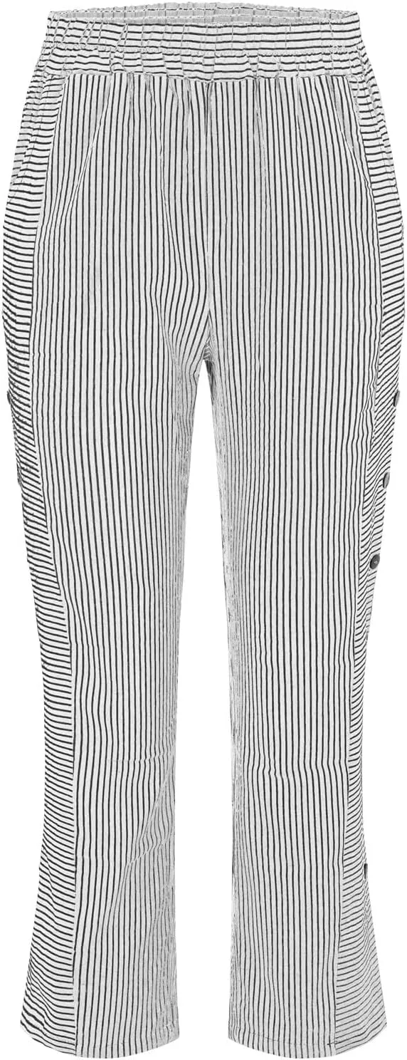 NREALY Striped Linen Pants for Women Wide Straight Leg Side Button Pants Womens 2024 Baggy Elastic Waist Pants