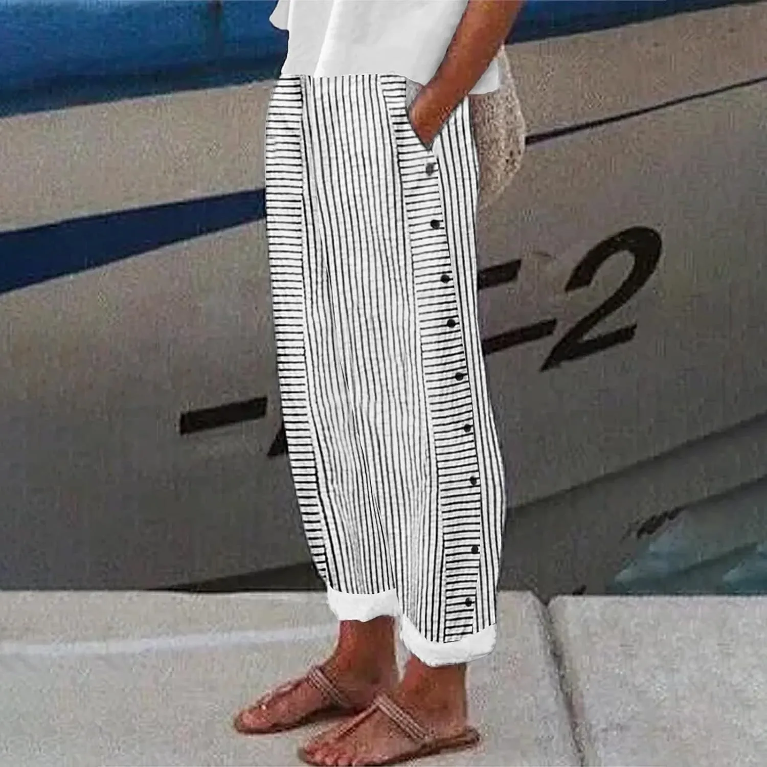 NREALY Striped Linen Pants for Women Wide Straight Leg Side Button Pants Womens 2024 Baggy Elastic Waist Pants
