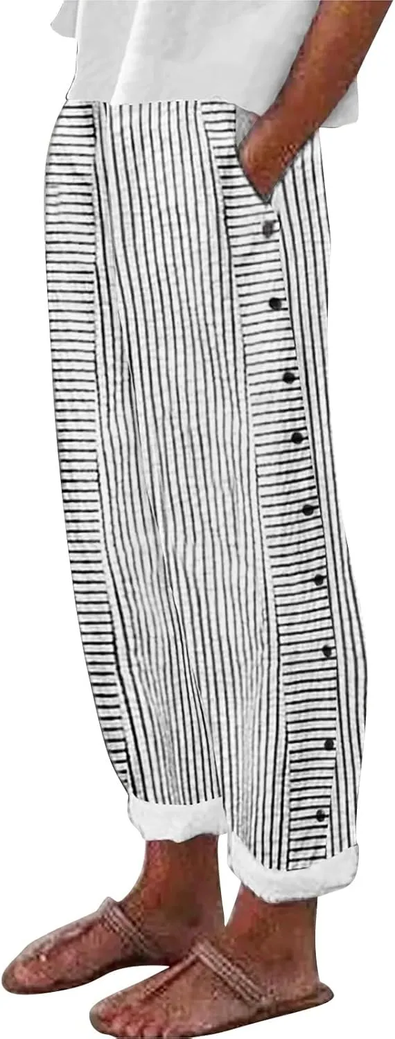NREALY Striped Linen Pants for Women Wide Straight Leg Side Button Pants Womens 2024 Baggy Elastic Waist Pants