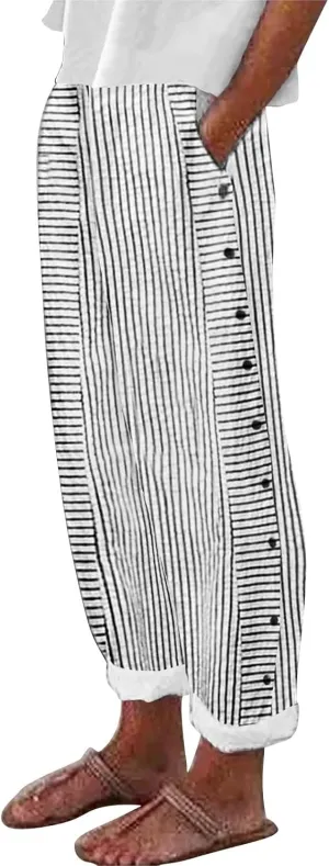 NREALY Striped Linen Pants for Women Wide Straight Leg Side Button Pants Womens 2024 Baggy Elastic Waist Pants