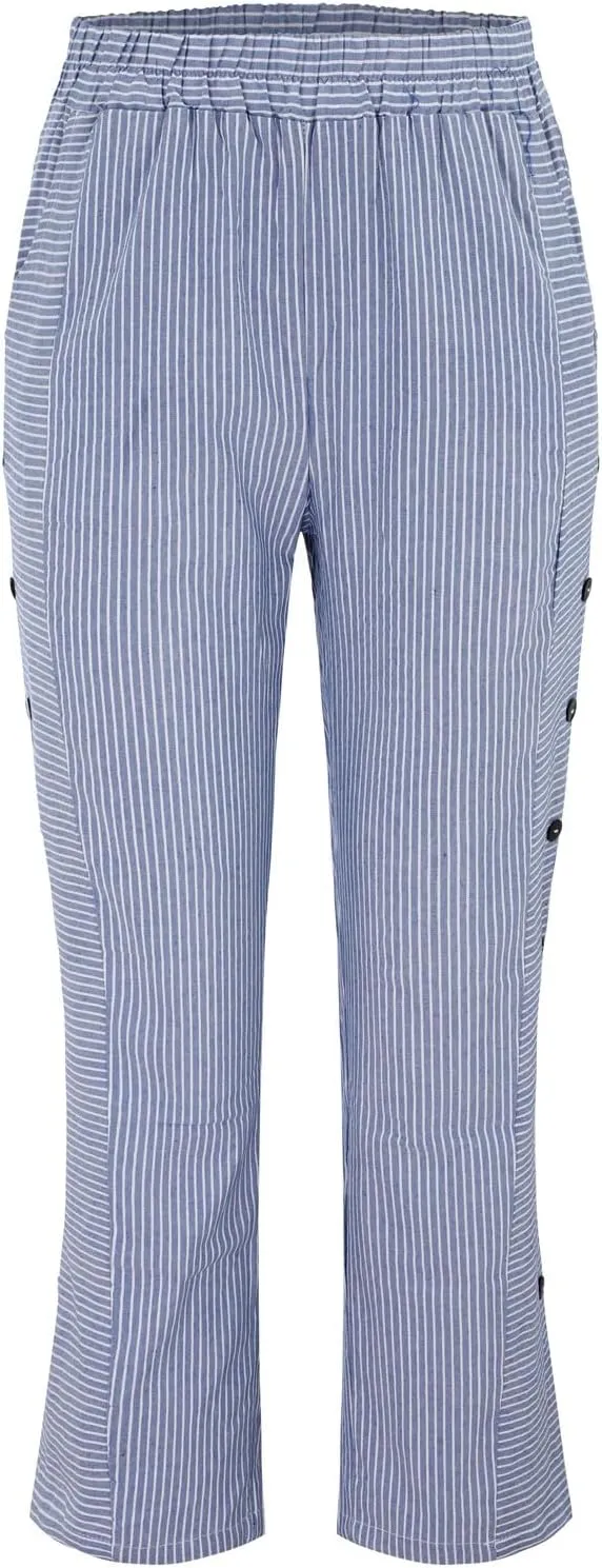 NREALY Striped Linen Pants for Women Wide Straight Leg Side Button Pants Womens 2024 Baggy Elastic Waist Pants