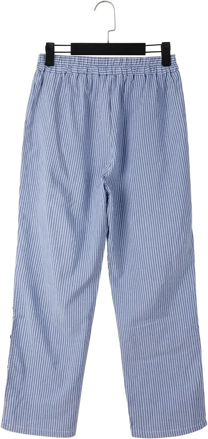 NREALY Striped Linen Pants for Women Wide Straight Leg Side Button Pants Womens 2024 Baggy Elastic Waist Pants