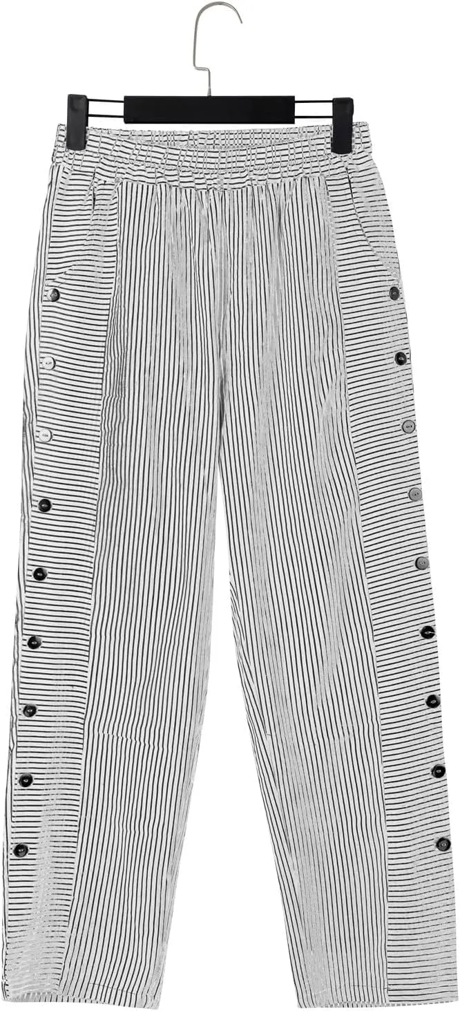 NREALY Striped Linen Pants for Women Wide Straight Leg Side Button Pants Womens 2024 Baggy Elastic Waist Pants
