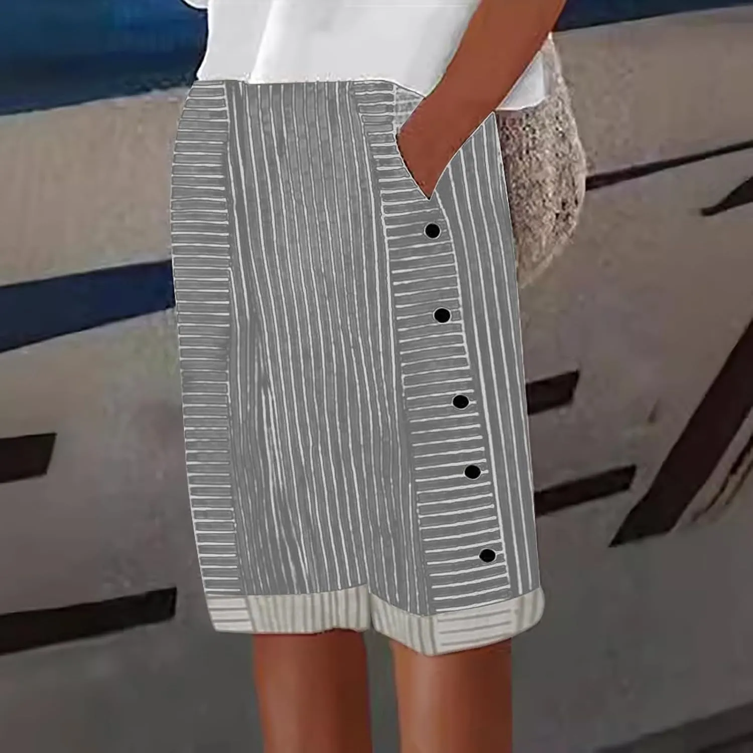 NREALY Striped Linen Pants for Women Wide Straight Leg Side Button Pants Womens 2024 Baggy Elastic Waist Pants