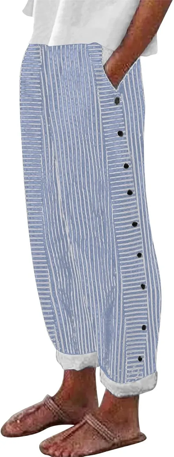 NREALY Striped Linen Pants for Women Wide Straight Leg Side Button Pants Womens 2024 Baggy Elastic Waist Pants