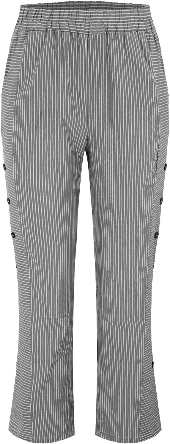 NREALY Striped Linen Pants for Women Wide Straight Leg Side Button Pants Womens 2024 Baggy Elastic Waist Pants