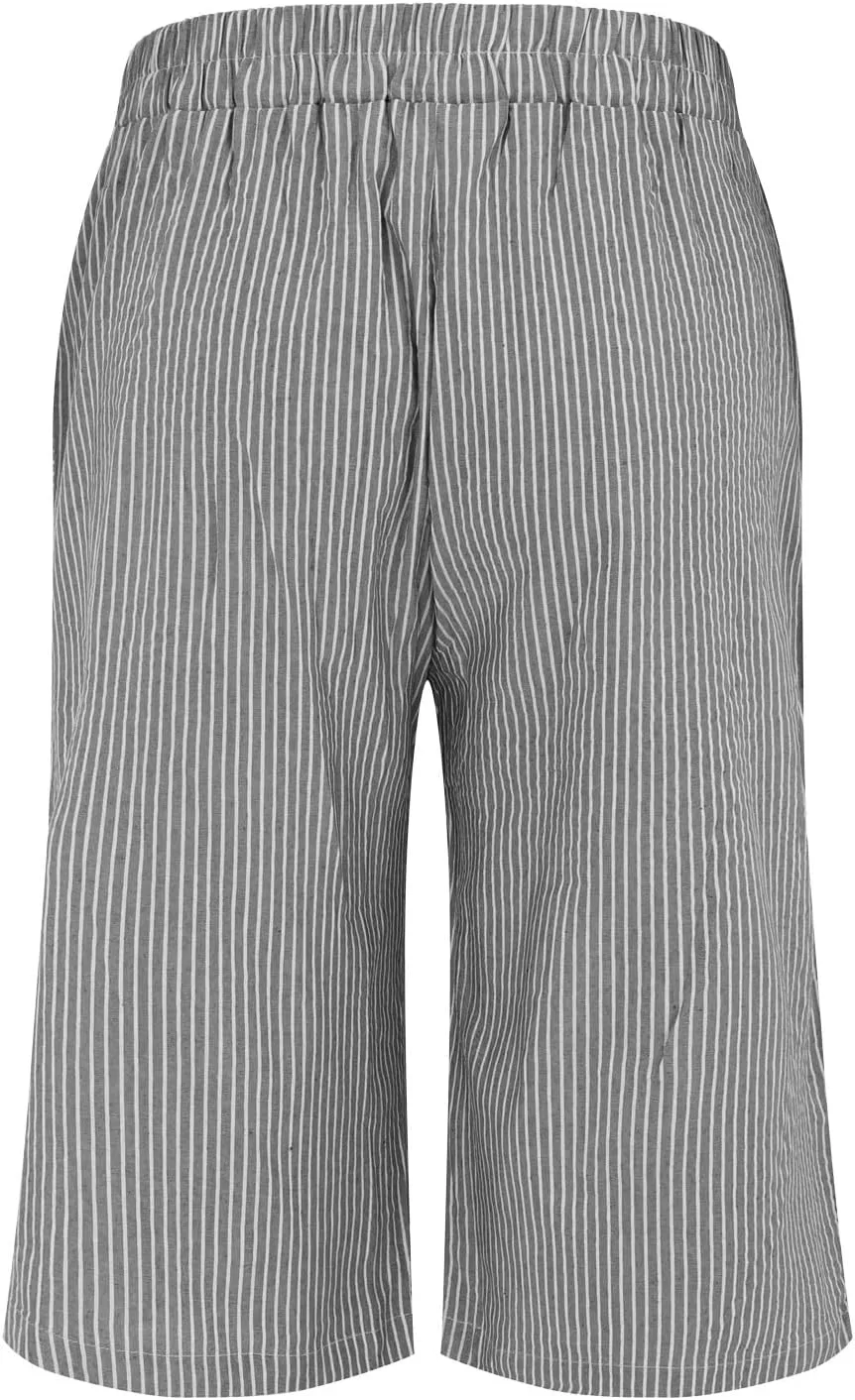 NREALY Striped Linen Pants for Women Wide Straight Leg Side Button Pants Womens 2024 Baggy Elastic Waist Pants