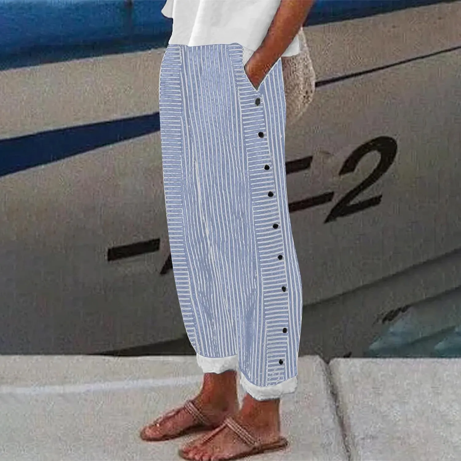 NREALY Striped Linen Pants for Women Wide Straight Leg Side Button Pants Womens 2024 Baggy Elastic Waist Pants