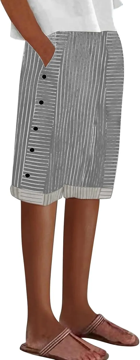 NREALY Striped Linen Pants for Women Wide Straight Leg Side Button Pants Womens 2024 Baggy Elastic Waist Pants
