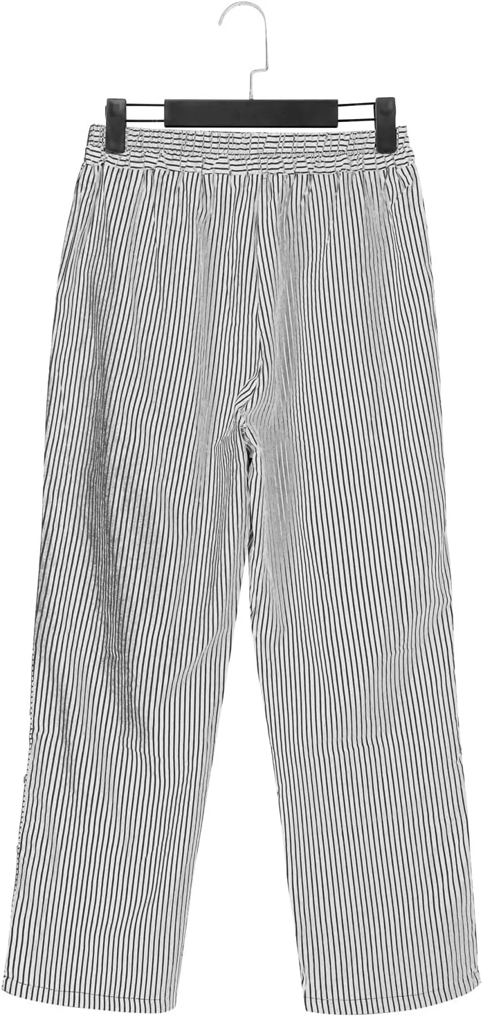 NREALY Striped Linen Pants for Women Wide Straight Leg Side Button Pants Womens 2024 Baggy Elastic Waist Pants