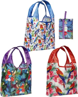 O-WITZ Reusable Grocery Bags | Vibrant Tote Bag For Groceries, Gym, Office, Beach, Toys & More | Washable Design With Large Handles For Maximum Convenience | Folds Into A Small Pouch, 3-pack, Parrots
