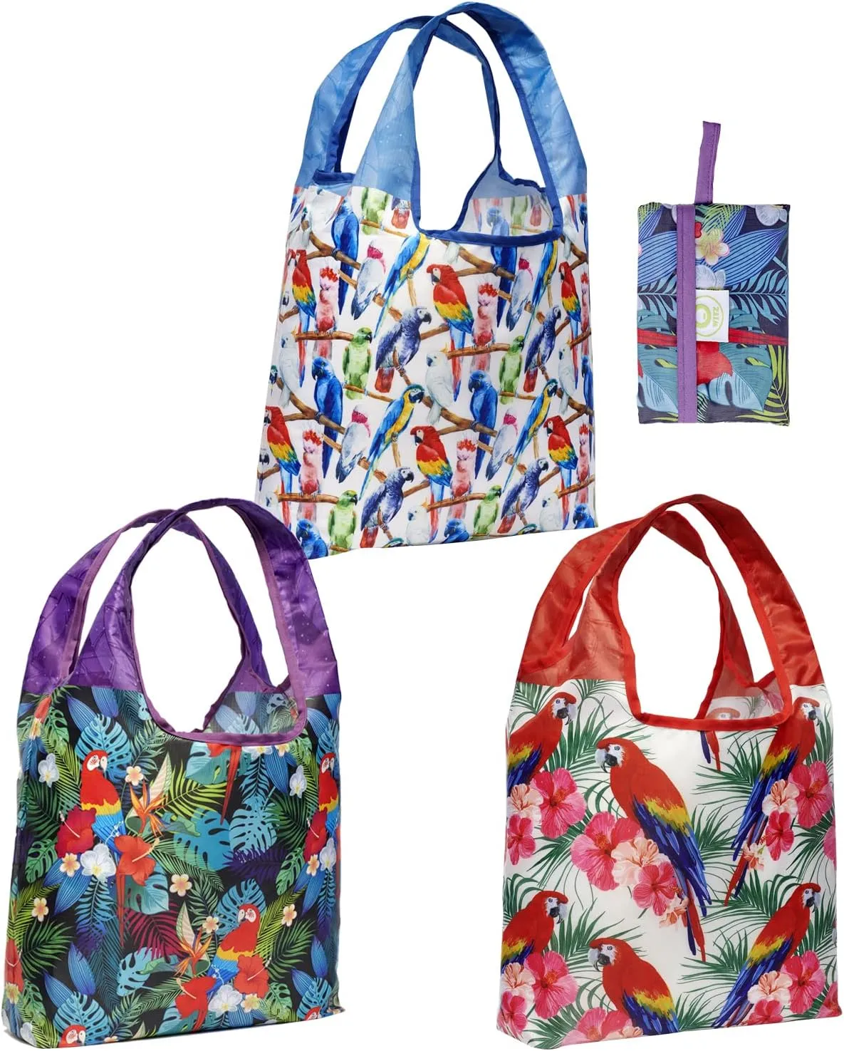 O-WITZ Reusable Grocery Bags | Vibrant Tote Bag For Groceries, Gym, Office, Beach, Toys & More | Washable Design With Large Handles For Maximum Convenience | Folds Into A Small Pouch, 3-pack, Parrots