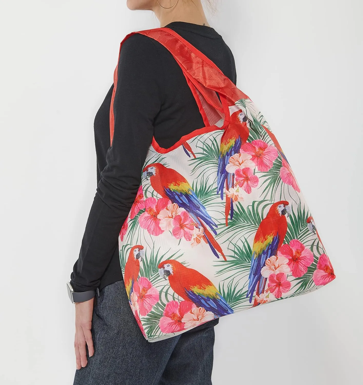 O-WITZ Reusable Grocery Bags | Vibrant Tote Bag For Groceries, Gym, Office, Beach, Toys & More | Washable Design With Large Handles For Maximum Convenience | Folds Into A Small Pouch, 3-pack, Parrots
