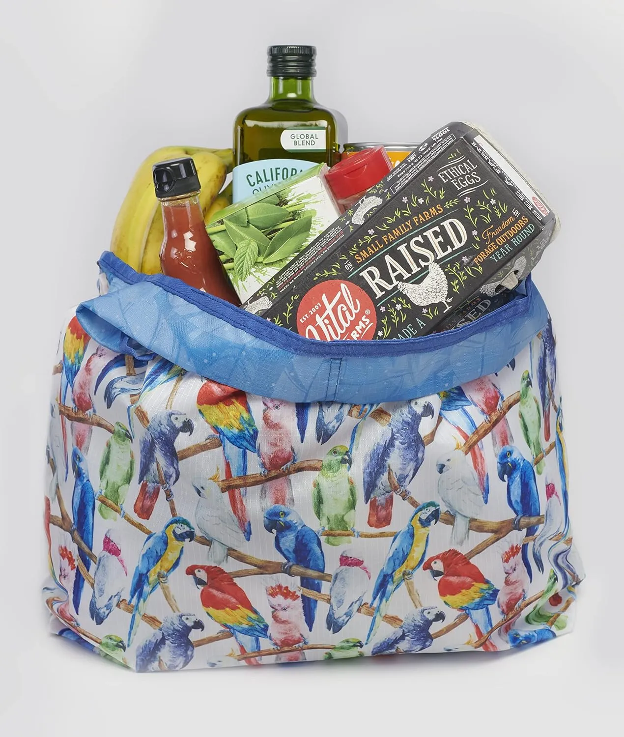 O-WITZ Reusable Grocery Bags | Vibrant Tote Bag For Groceries, Gym, Office, Beach, Toys & More | Washable Design With Large Handles For Maximum Convenience | Folds Into A Small Pouch, 3-pack, Parrots