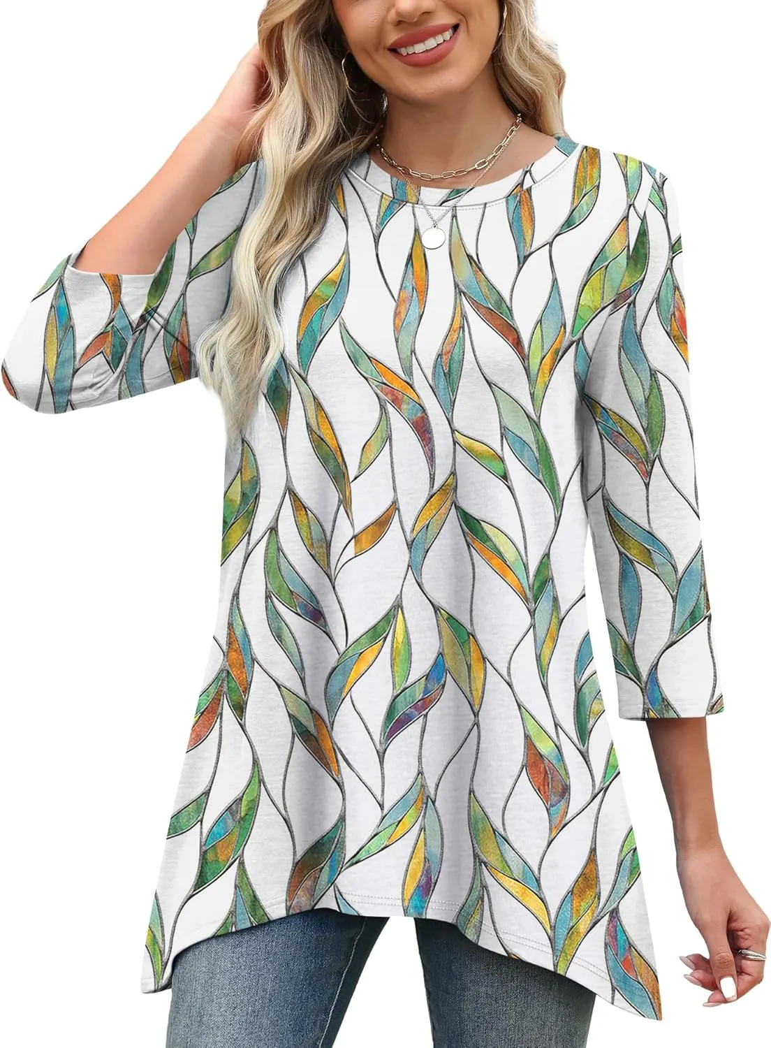 OFEEFAN Tunic Tops for Women Loose Fit Dressy 3/4 Length Sleeve Womens Tops with Asymmetrical Hem S-4XL