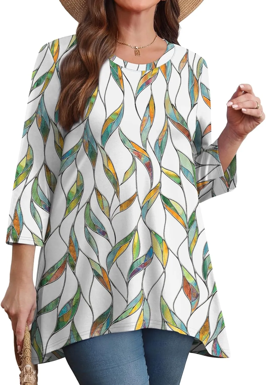 OFEEFAN Tunic Tops for Women Loose Fit Dressy 3/4 Length Sleeve Womens Tops with Asymmetrical Hem S-4XL
