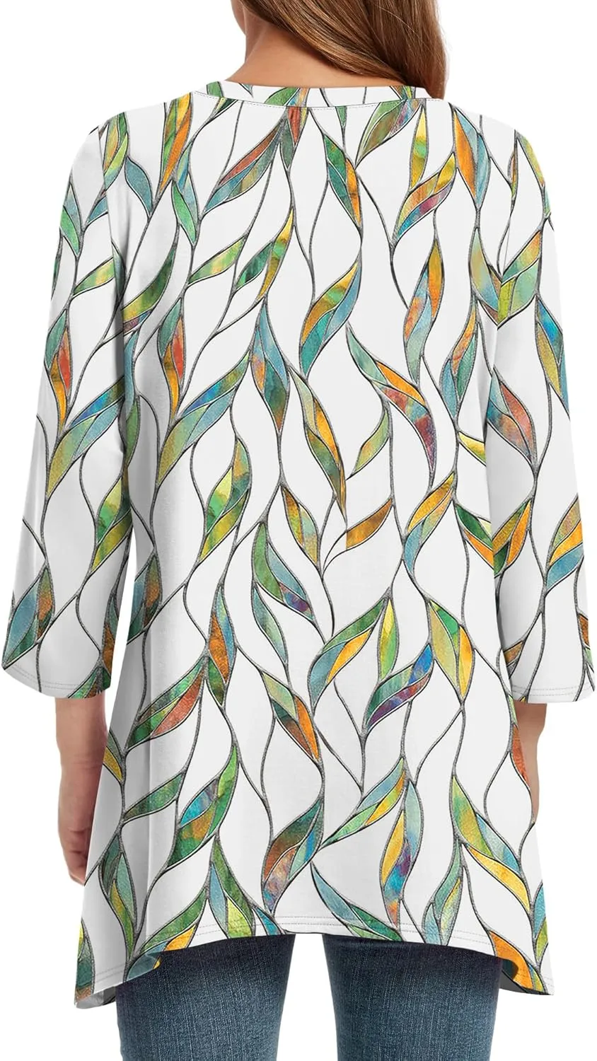 OFEEFAN Tunic Tops for Women Loose Fit Dressy 3/4 Length Sleeve Womens Tops with Asymmetrical Hem S-4XL