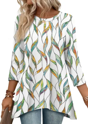 OFEEFAN Tunic Tops for Women Loose Fit Dressy 3/4 Length Sleeve Womens Tops with Asymmetrical Hem S-4XL