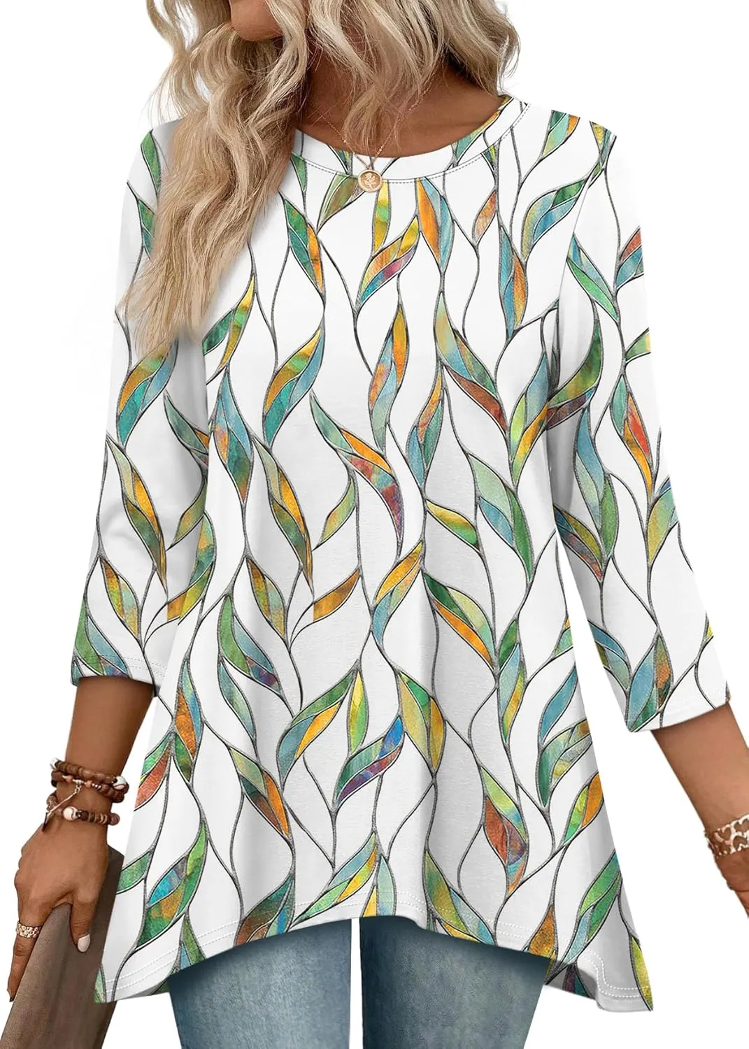OFEEFAN Tunic Tops for Women Loose Fit Dressy 3/4 Length Sleeve Womens Tops with Asymmetrical Hem S-4XL