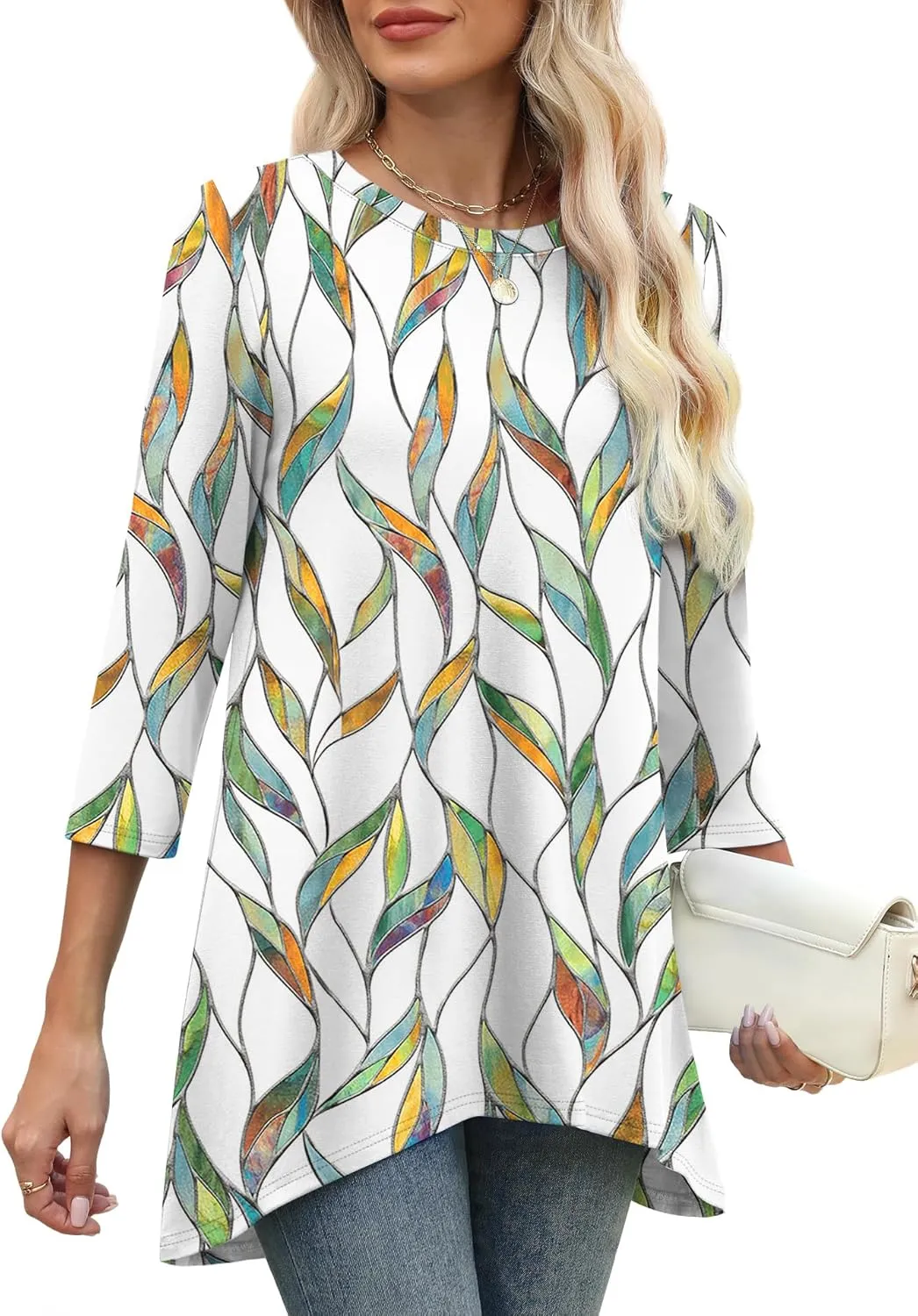 OFEEFAN Tunic Tops for Women Loose Fit Dressy 3/4 Length Sleeve Womens Tops with Asymmetrical Hem S-4XL