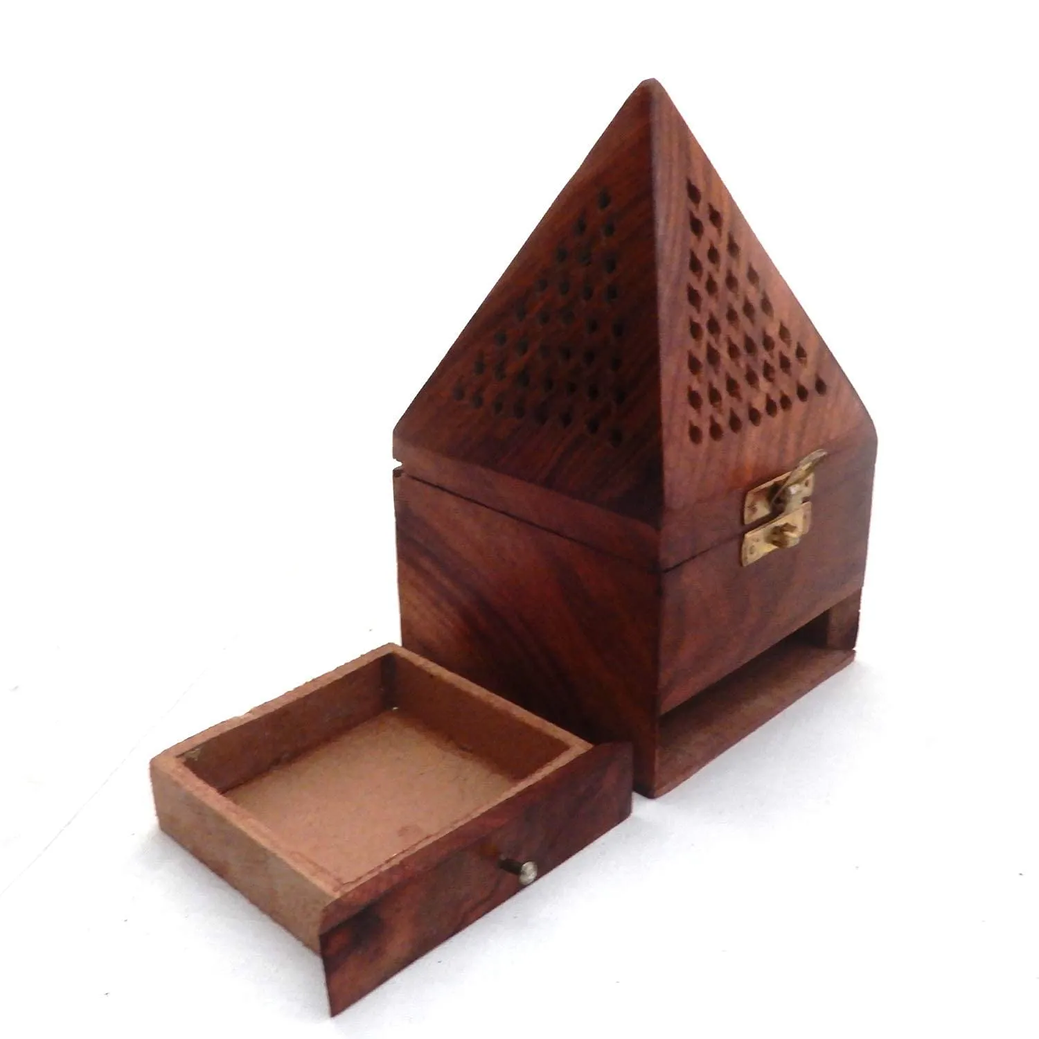 Om Phool Batti Wooden Pyramid Shape Dhoop Batti Stand/Dan, Incense Stick Box Decorative Handicraft Incense Holder with Drawer (Brown)