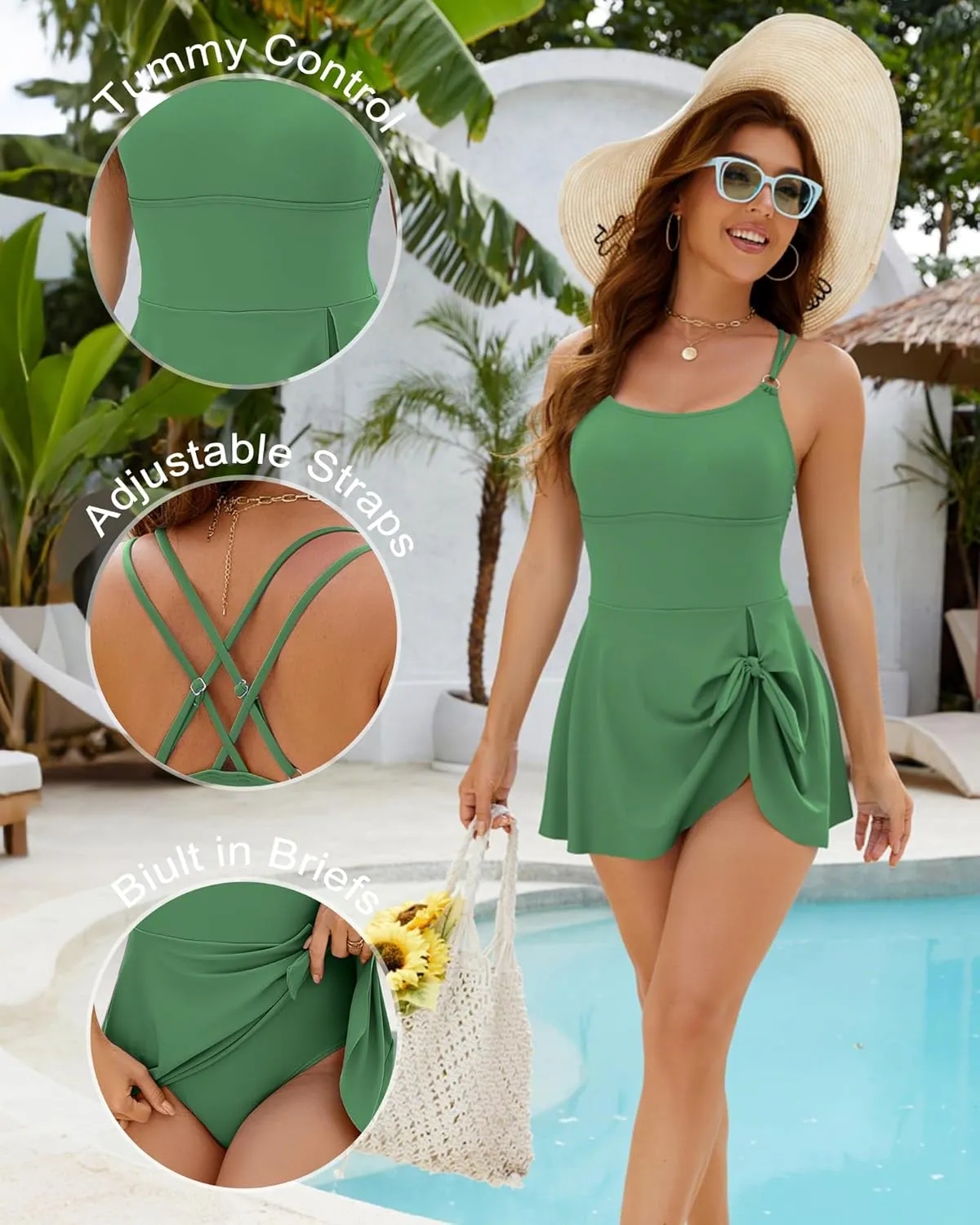 One Piece Swim Dresses Tummy Control Swimsuits for Women Modest Tie Knot Skirt Bathing Suits with Built in Bottom