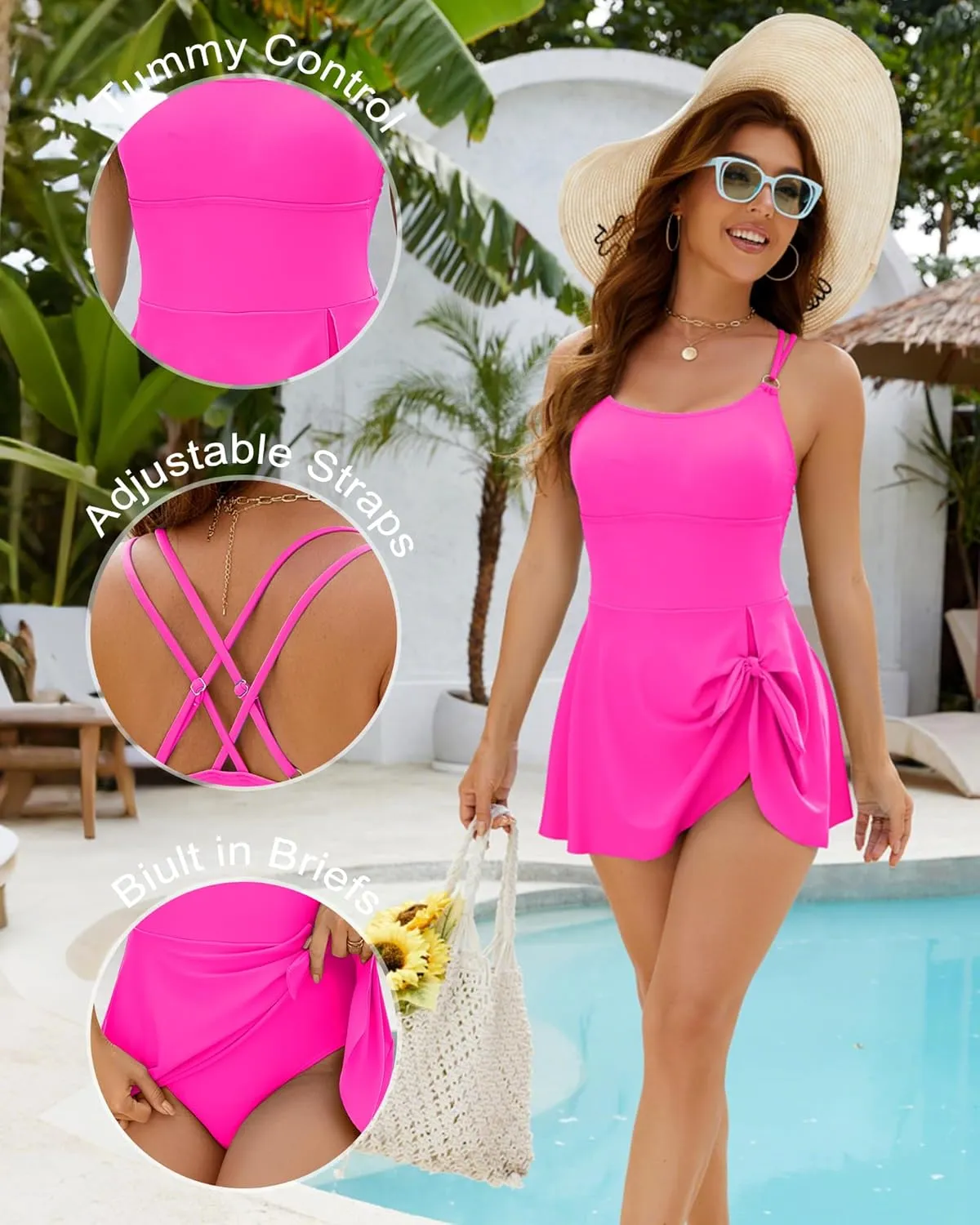 One Piece Swim Dresses Tummy Control Swimsuits for Women Modest Tie Knot Skirt Bathing Suits with Built in Bottom