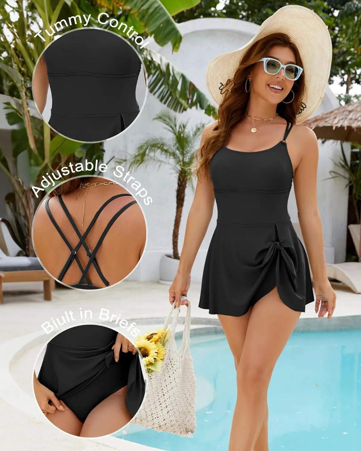 One Piece Swim Dresses Tummy Control Swimsuits for Women Modest Tie Knot Skirt Bathing Suits with Built in Bottom