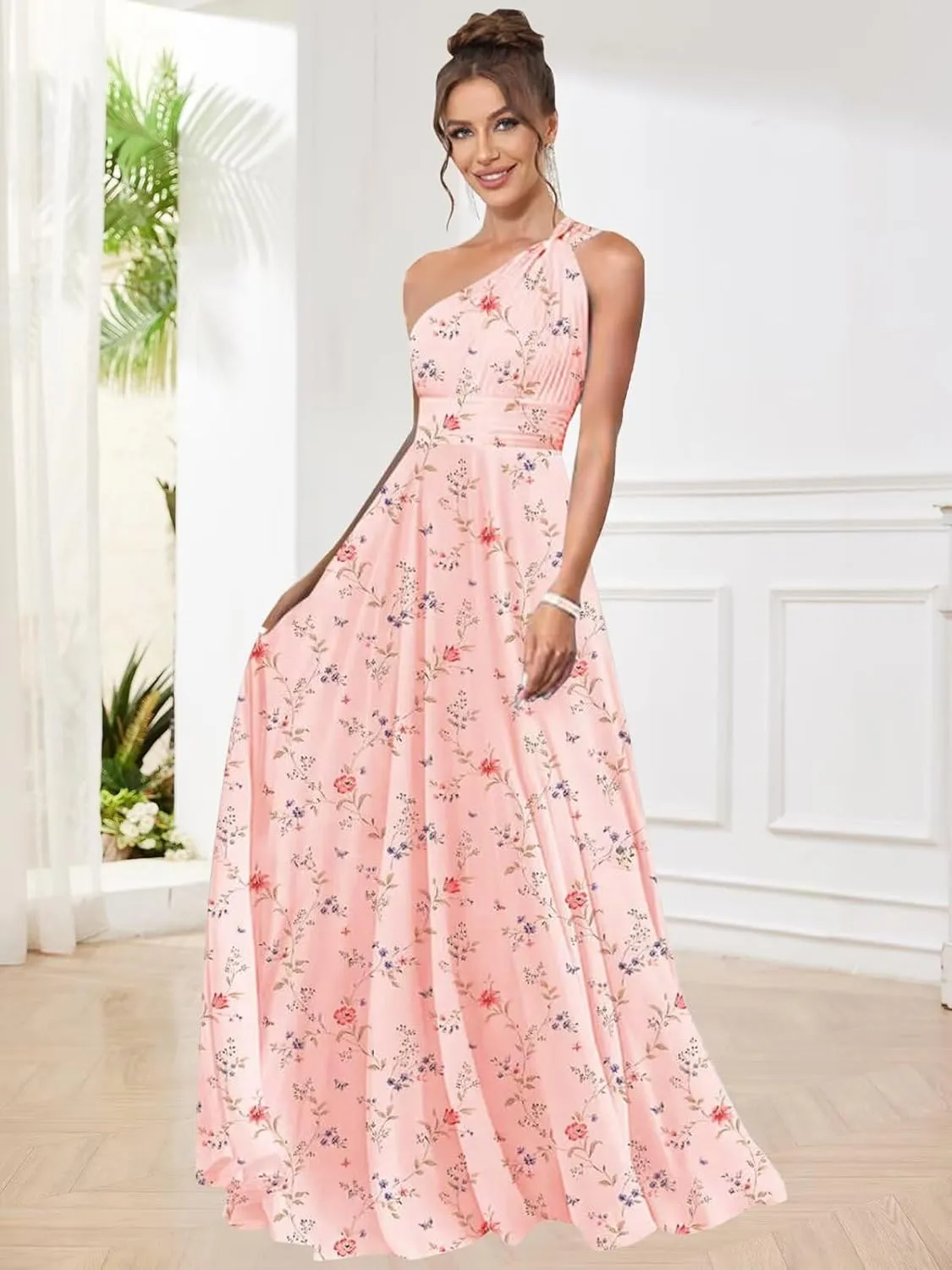 One Shoulder Bridesmaid Dresses for Women Pleated A Line Chiffon Long Evening Dress Formal Gown with Pocket