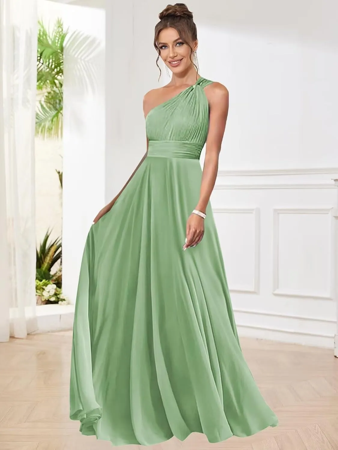 One Shoulder Bridesmaid Dresses for Women Pleated A Line Chiffon Long Evening Dress Formal Gown with Pocket
