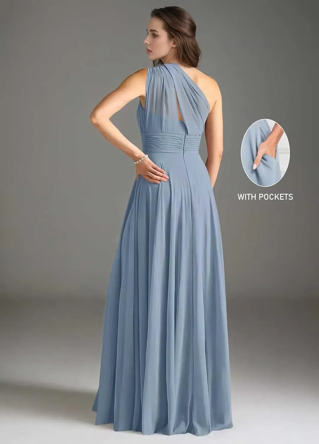 One Shoulder Bridesmaid Dresses for Women Pleated A Line Chiffon Long Evening Dress Formal Gown with Pocket
