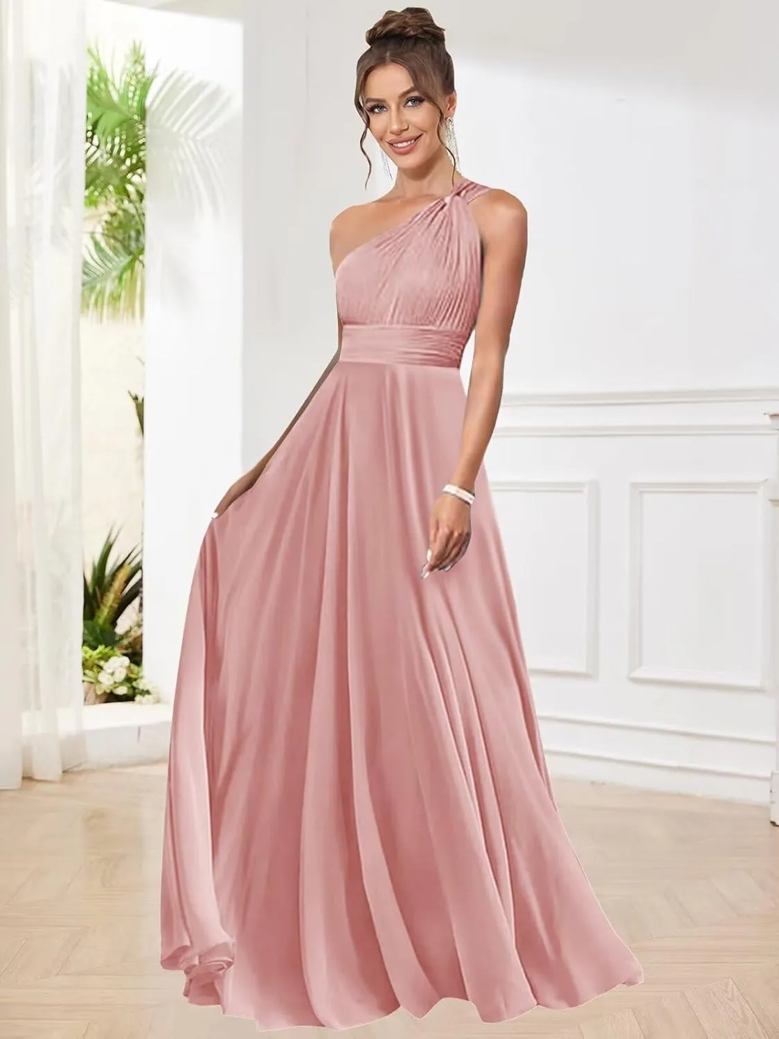 One Shoulder Bridesmaid Dresses for Women Pleated A Line Chiffon Long Evening Dress Formal Gown with Pocket