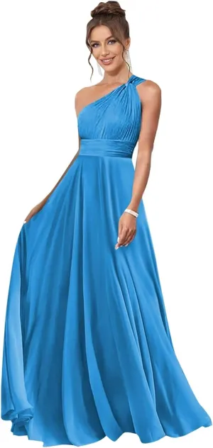 One Shoulder Bridesmaid Dresses for Women Pleated A Line Chiffon Long Evening Dress Formal Gown with Pocket