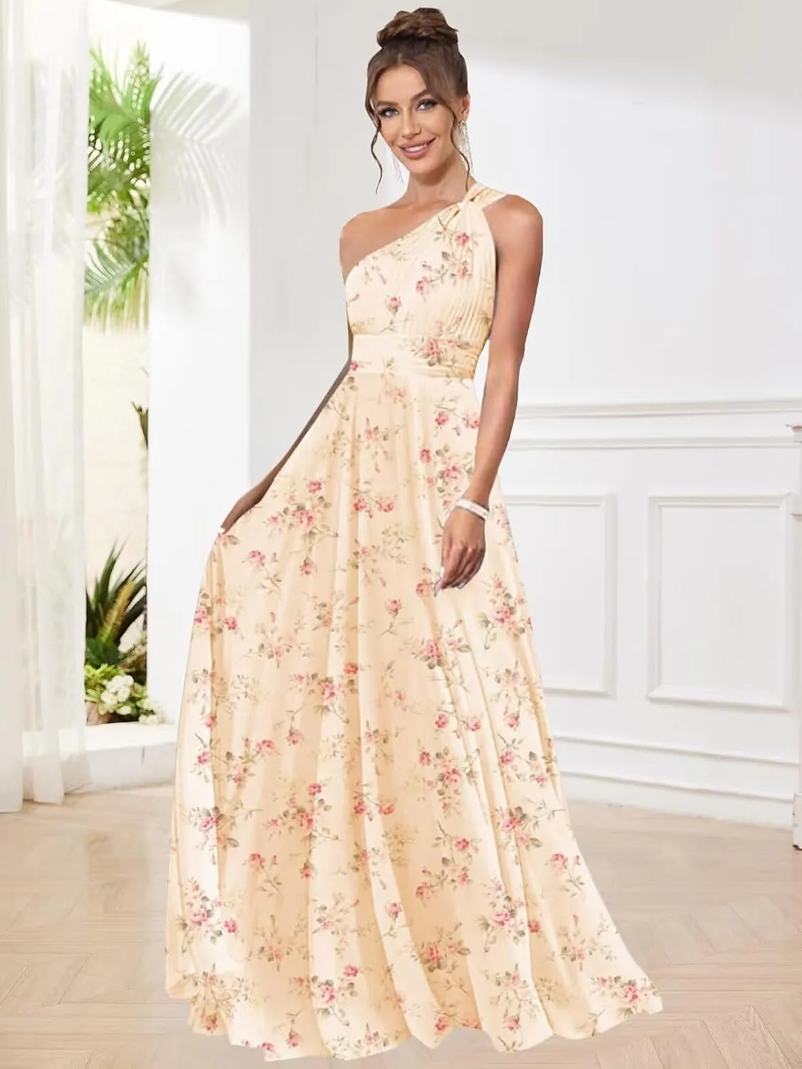 One Shoulder Bridesmaid Dresses for Women Pleated A Line Chiffon Long Evening Dress Formal Gown with Pocket