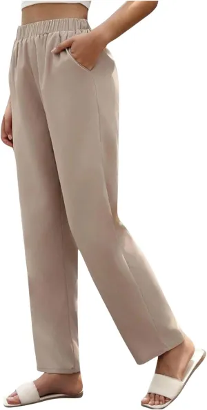 Pants for Womens Stretch High Waisted Pockets Solid Color Trousers Casual Straight Leg Loose Comfy Full Length Pant