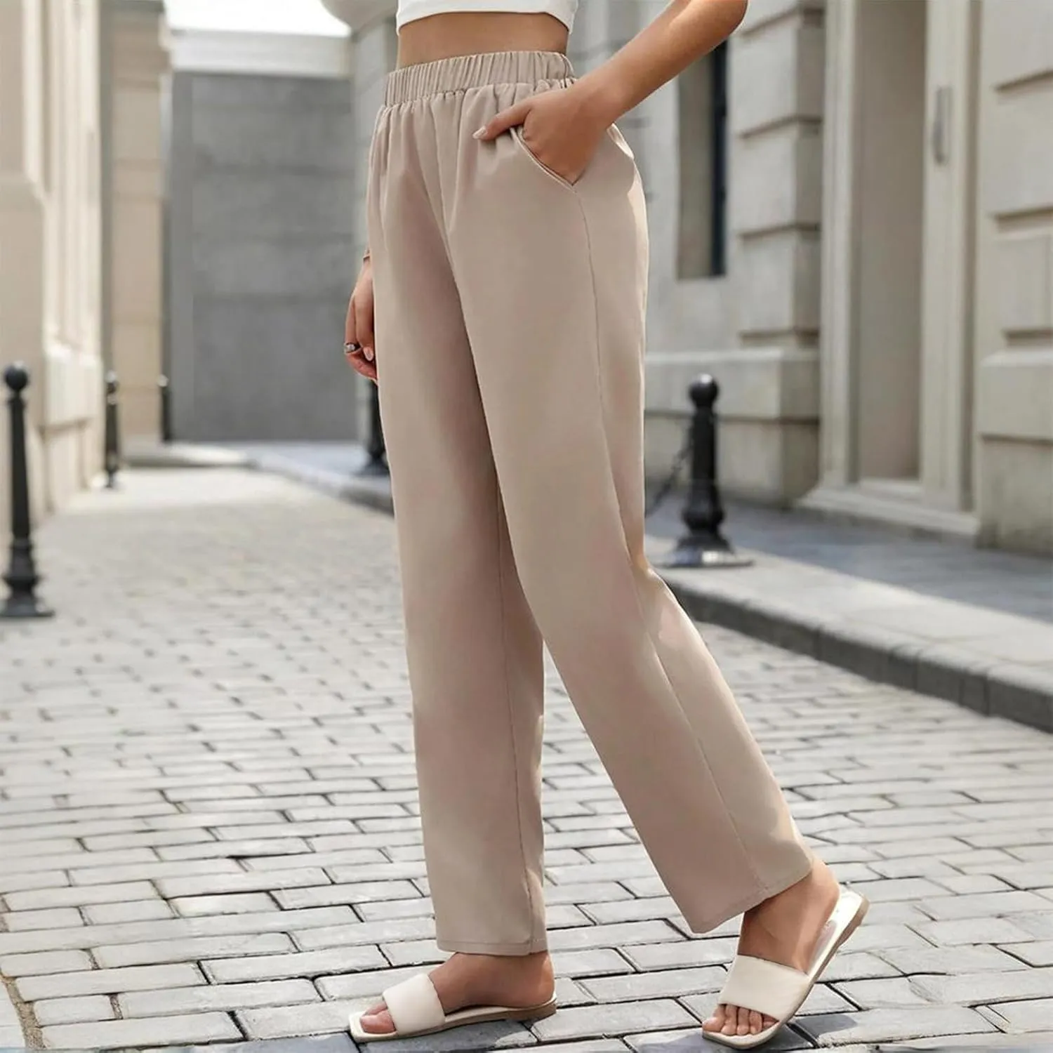 Pants for Womens Stretch High Waisted Pockets Solid Color Trousers Casual Straight Leg Loose Comfy Full Length Pant