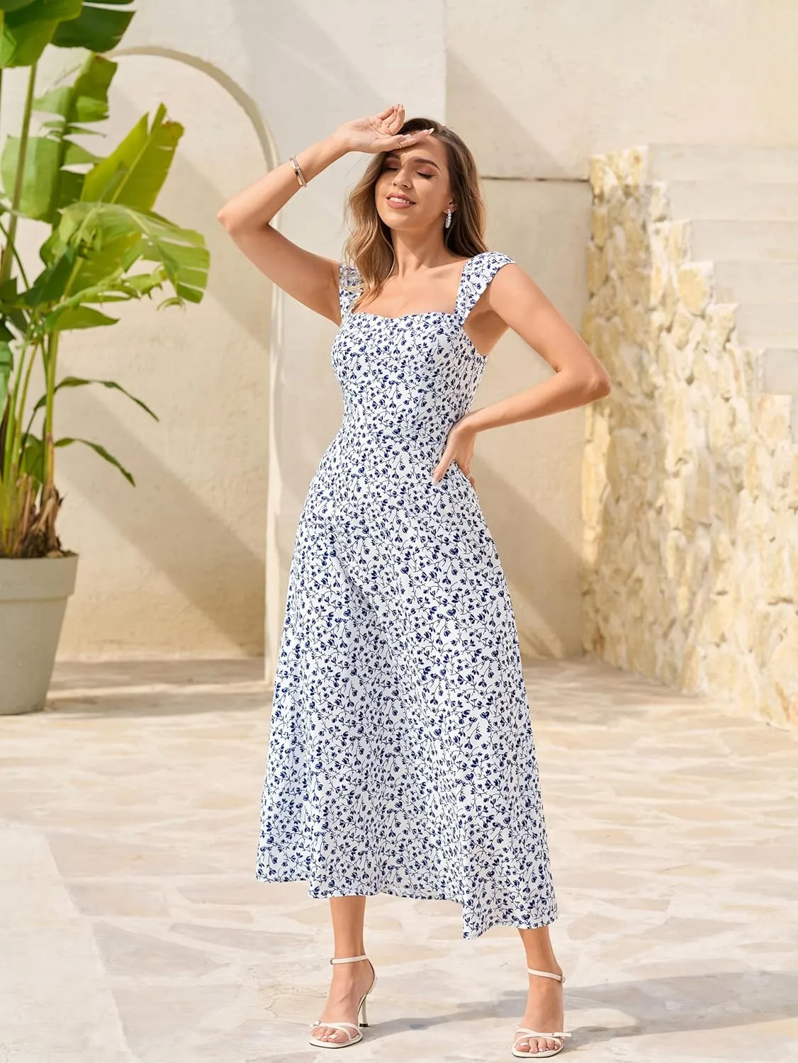 Parthea Women's Floral Midi Dress Flutter Sleeve Smocked A Line Long Flowy Casual Boho Party Going Out Maxi Dresses