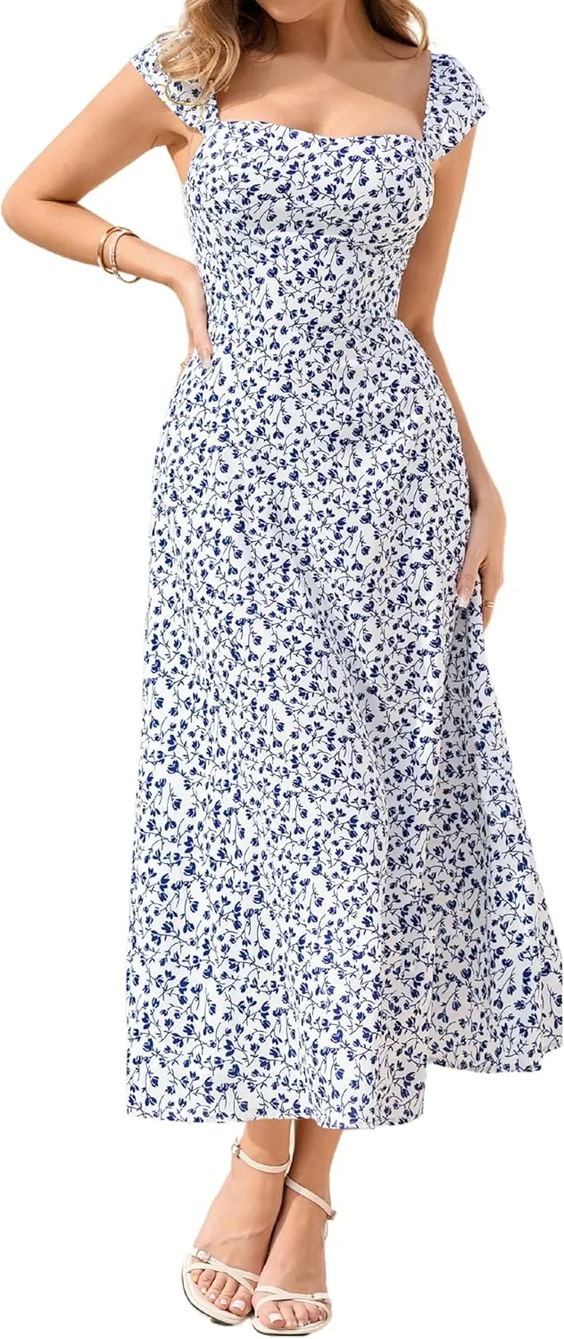 Parthea Women's Floral Midi Dress Flutter Sleeve Smocked A Line Long Flowy Casual Boho Party Going Out Maxi Dresses