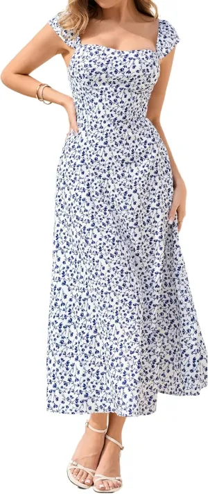 Parthea Women's Floral Midi Dress Flutter Sleeve Smocked A Line Long Flowy Casual Boho Party Going Out Maxi Dresses