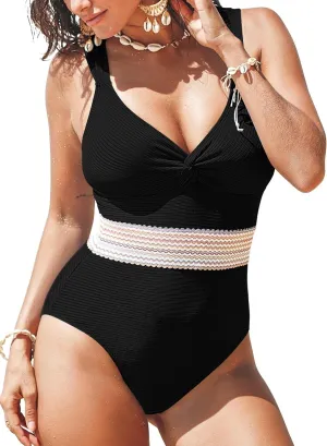 Pink Queen Women's 2025 Summer One Piece Swimsuit V Neck Twist Front Colorblock Ribbed Bathing Suit
